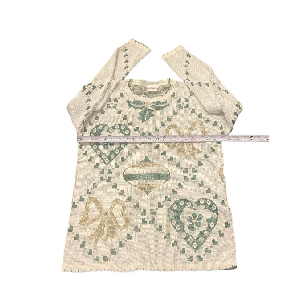 VTG Christmas Sweater S Mistletoe Glitter Ornaments Holiday Bow Gold‎ Green - Picture 3 of 7